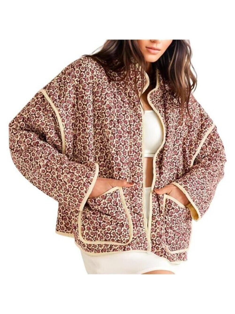 Women’s Retro Floral Quilted Cropped Puffer Jacket Stand Collar Vintage Coat